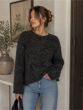 Cozy Black Bouclé Crewneck Sweater